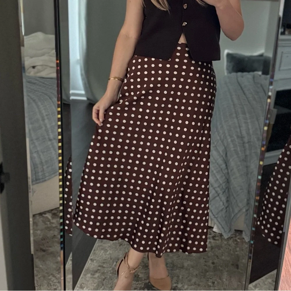 Fall Old Money Style Women's Chocolate Brown / White Polka Dot Satin Long Skirt - Picture 9 of 11